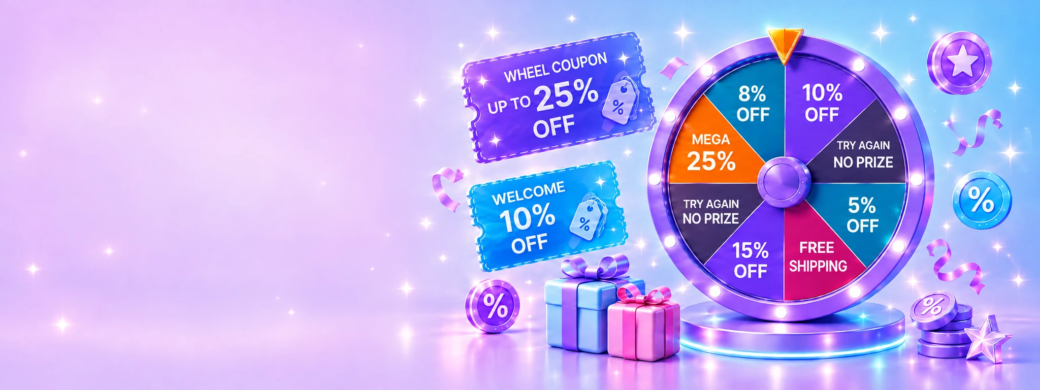 A glowing purple fortune wheel with discount segments, colourful coupon tickets and gifts.