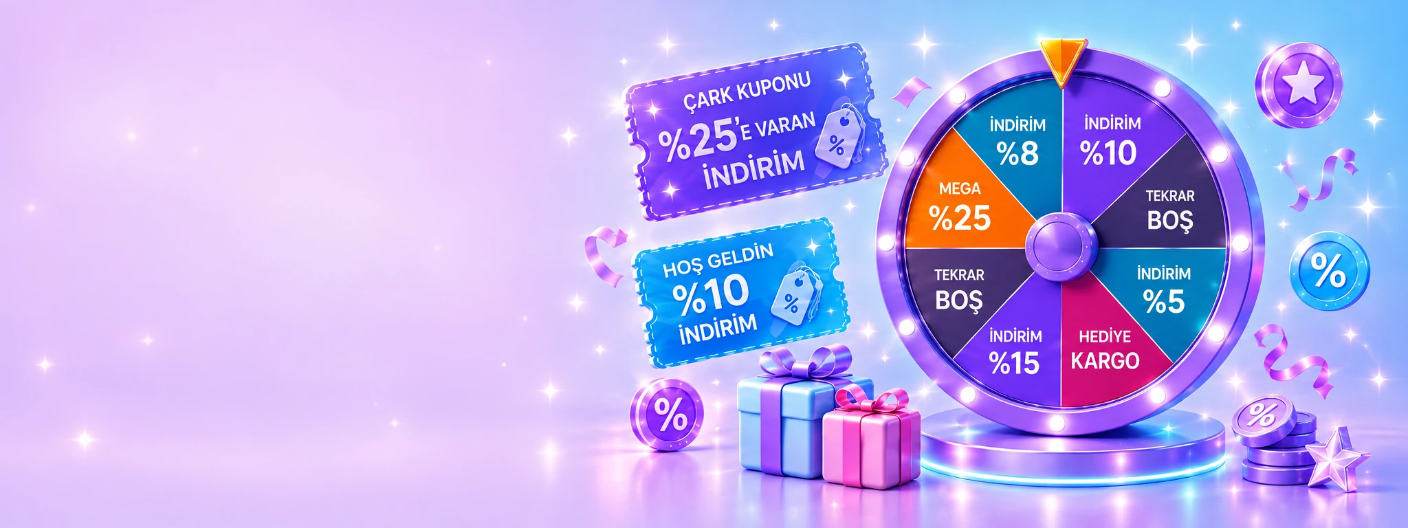 İndirim dilimleri, renkli kupon biletleri ve hediyelerle ışıklı mor şans çarkı.
