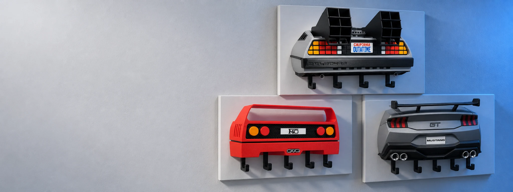 DeLorean, F40 ve Mustang şeklindeki duvar anahtar askıları.
