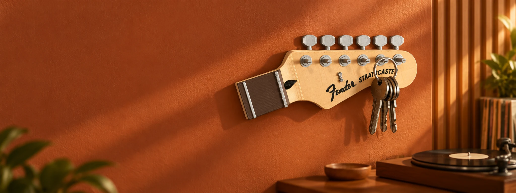 Gitar tasarımlı duvar anahtarlık askısı, sıcak terracotta renkli bir ev köşesinde.