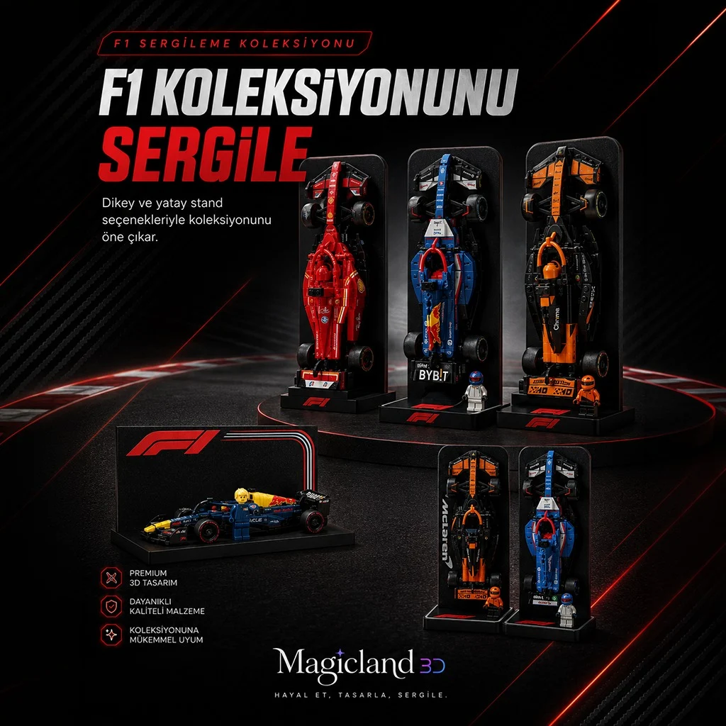 F1 model araçlar için dikey ve yatay sergileme stantları